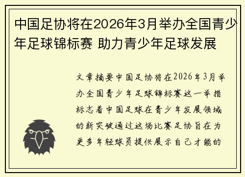 中国足协将在2026年3月举办全国青少年足球锦标赛 助力青少年足球发展