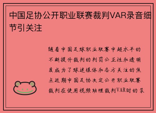中国足协公开职业联赛裁判VAR录音细节引关注